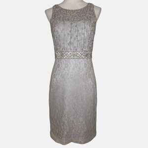 Sue Wong Silver Lace Beaded Waist Sheath Dress 6 Sequin Cocktail‎ Old Hollywood